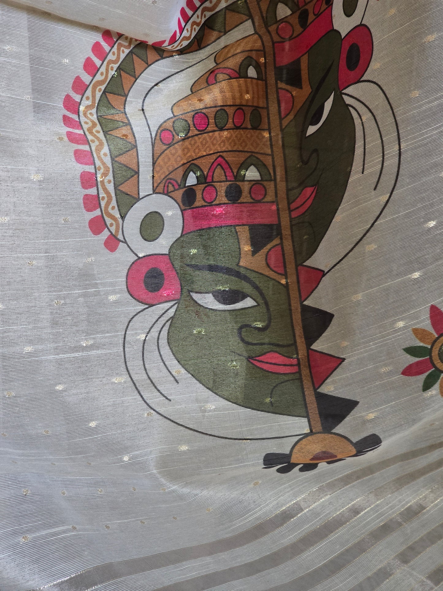 Semi silk (golden beige) saree with traditional ( kadhakali) design- stitched blouse