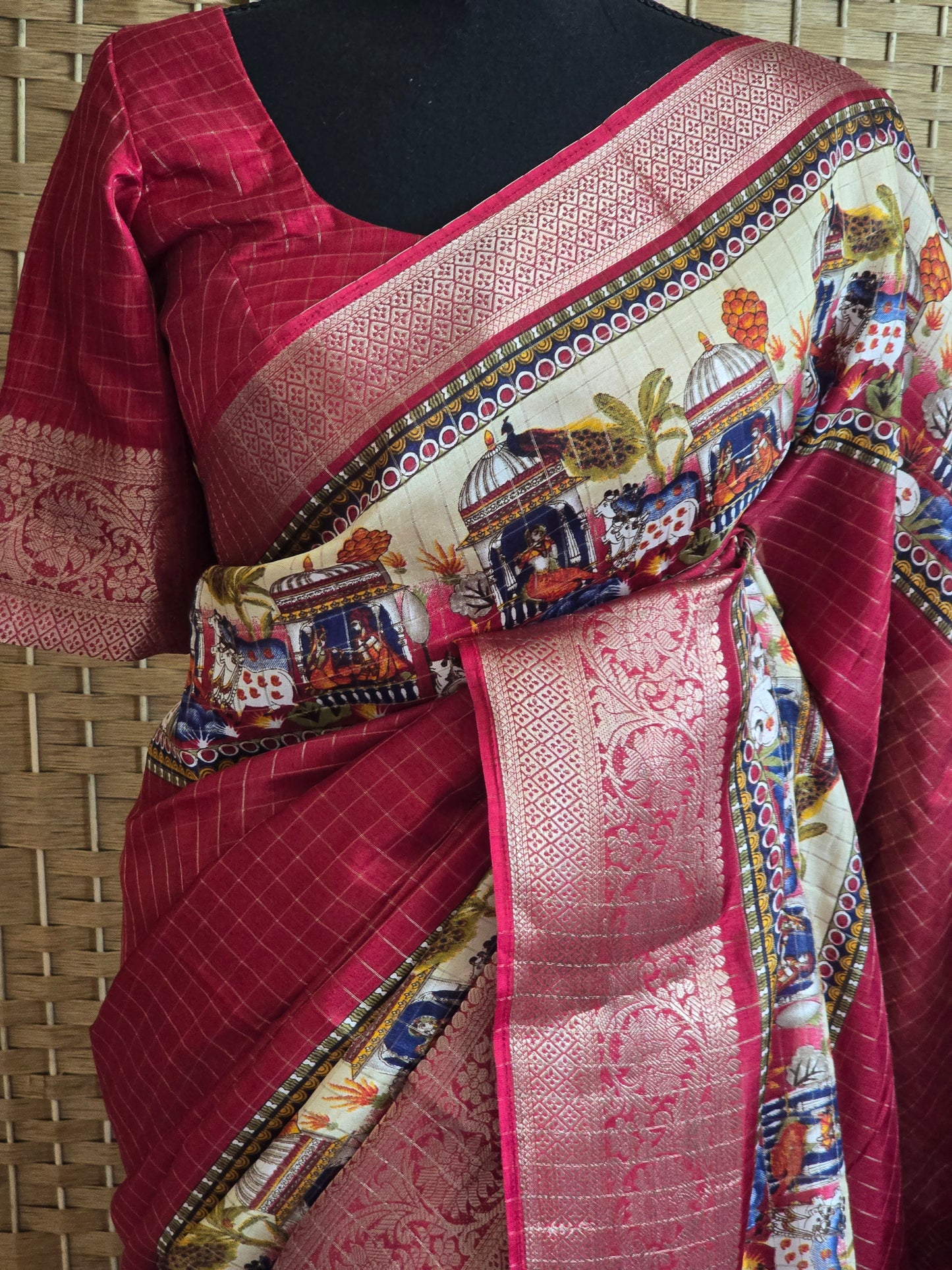 Assam silk(maroon) saree with kalamkari printed design- stitched blouse