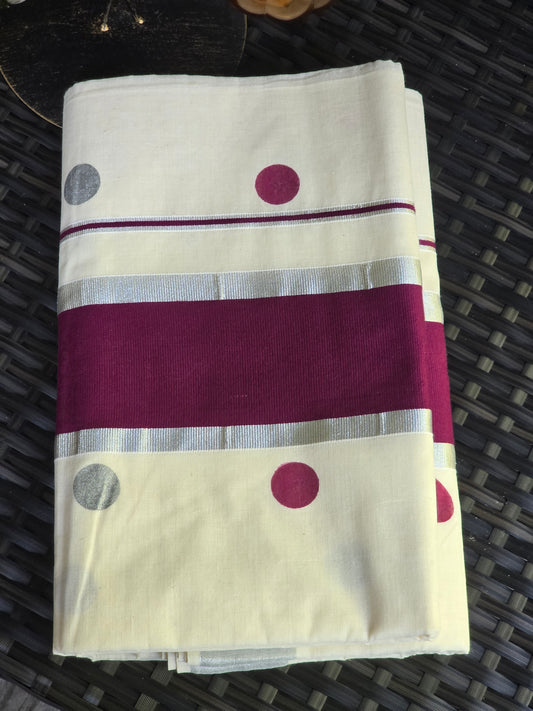 Cotton set saree with purple silver polka dots