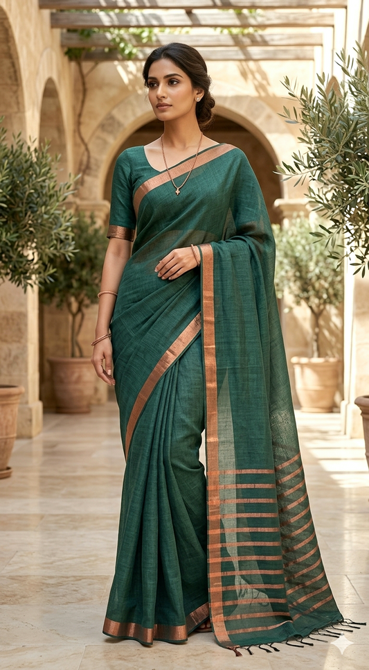 Linen saree with Copper border-stitched blouse