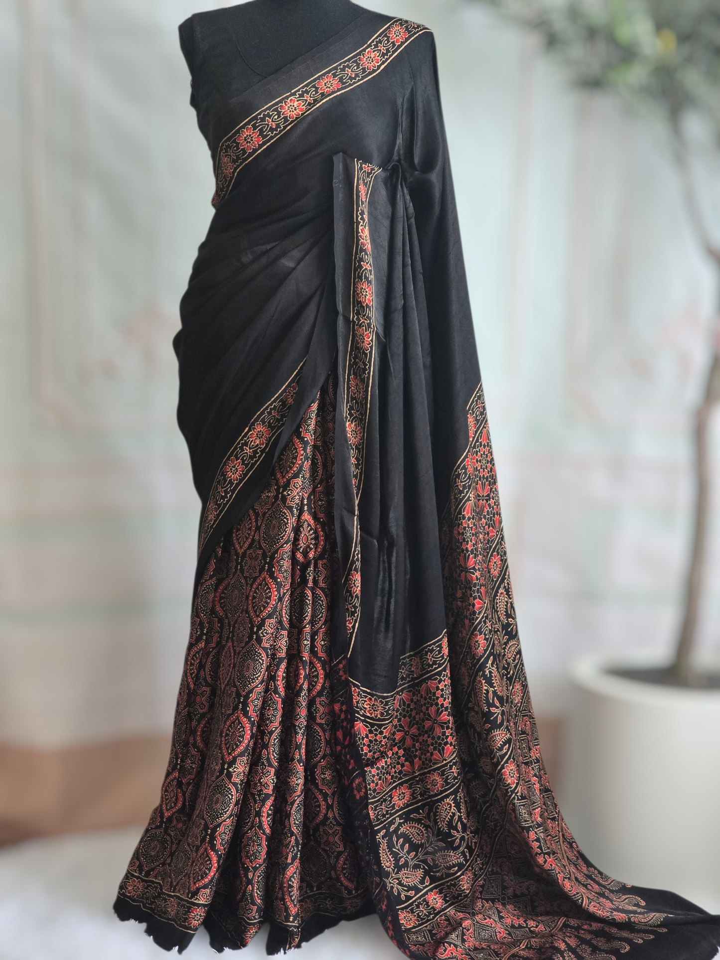 Modal silk saree with ajrakh print ( pleats and pallu)- Stitched blouse