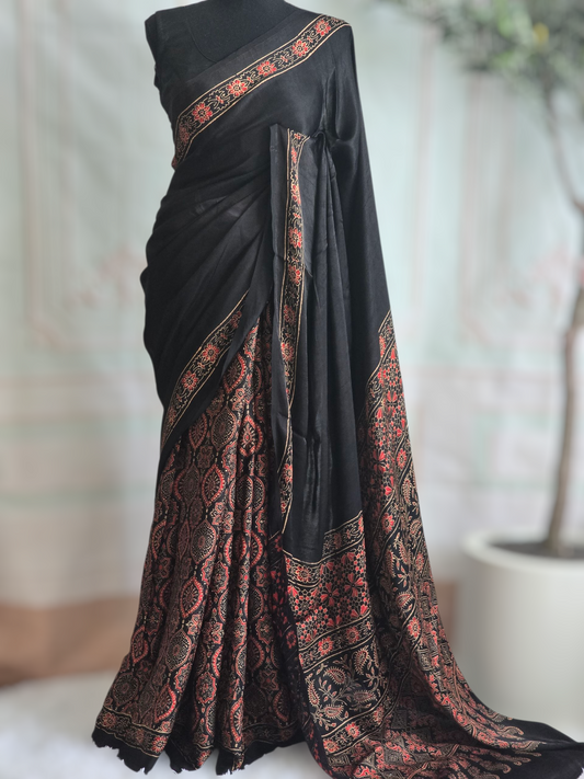 Modal silk saree with ajrakh print ( pleats and pallu)- Stitched blouse