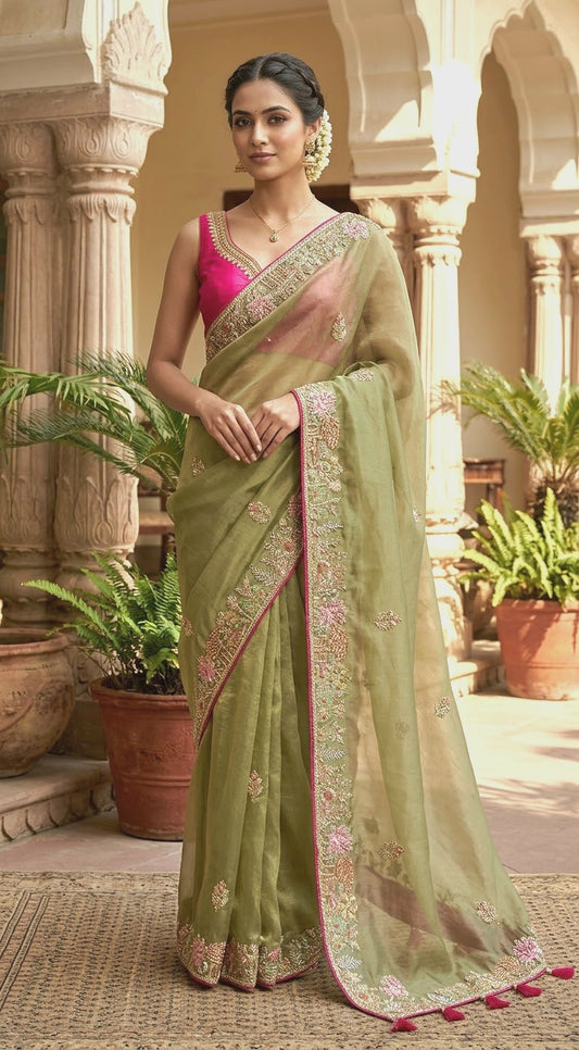 Semi organza saree with beads work- stitched sleevless blouse