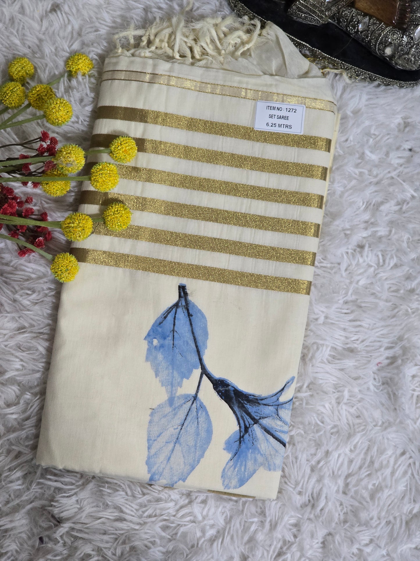 Cotton onam saree with blue printed design