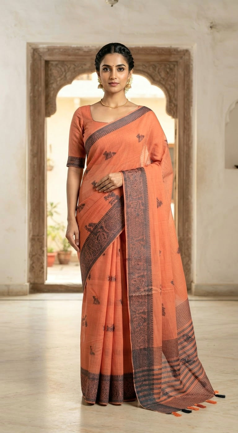 Chanderi cotton saree with warli motifs paired with stitched blouse