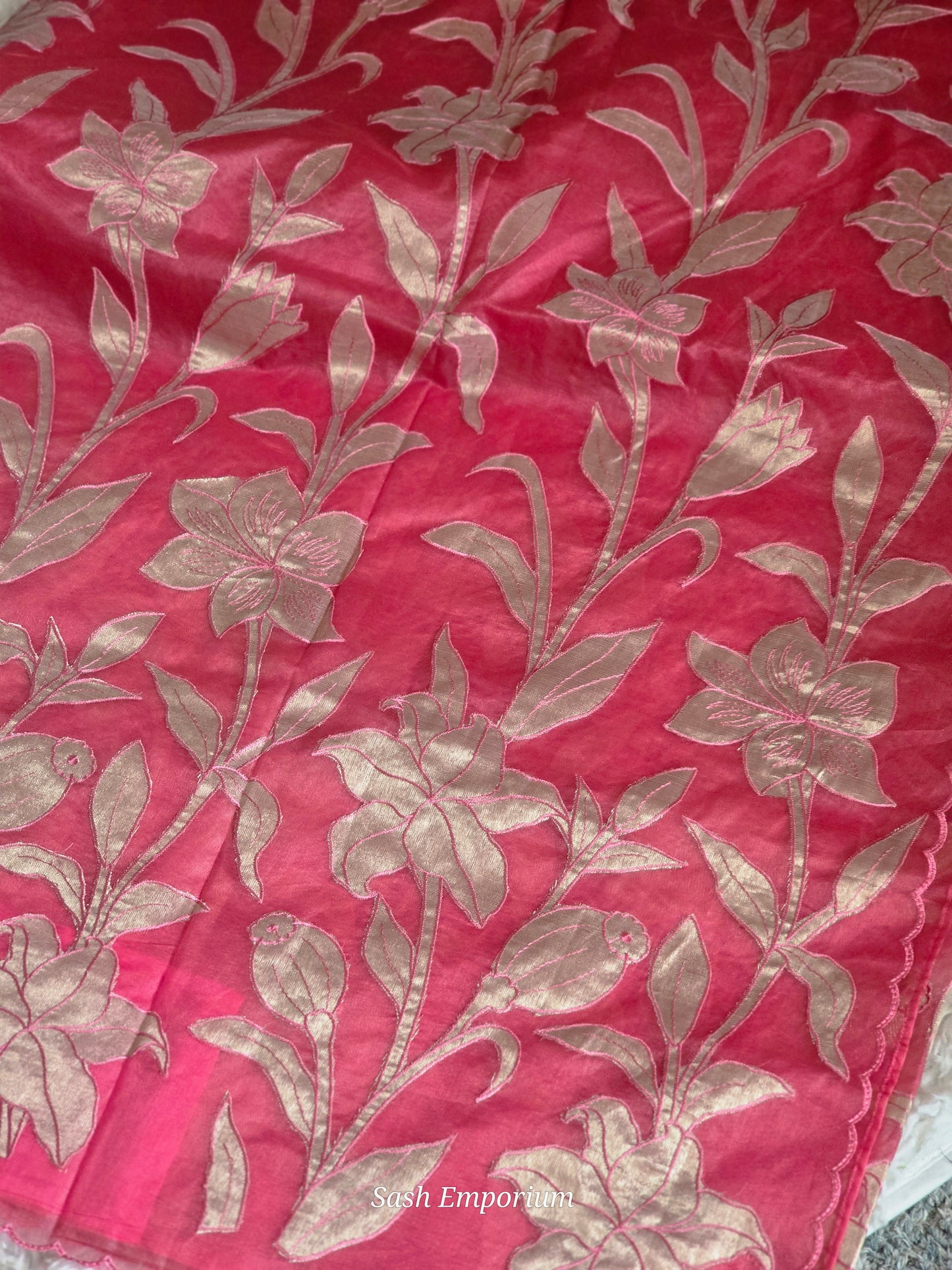 Turquish organza saree (pinkish peach) with applique work- stitched blouse