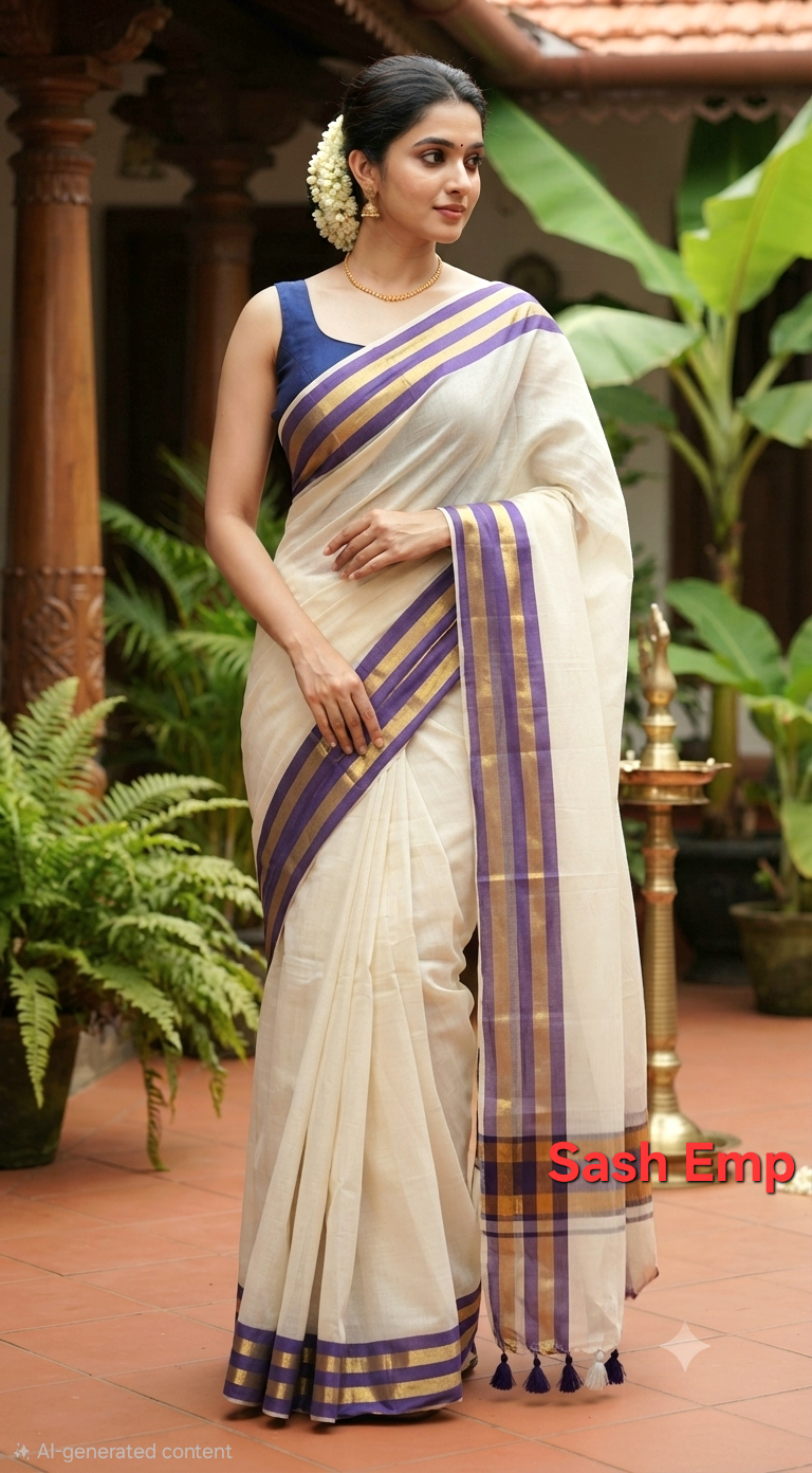 Mul cotton saree with blue border( fall and pico ready)- BP