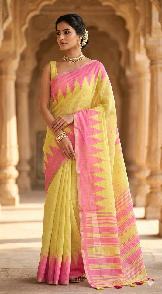 Linen cotton saree with yellow/pink combo- (Fall/pico done)