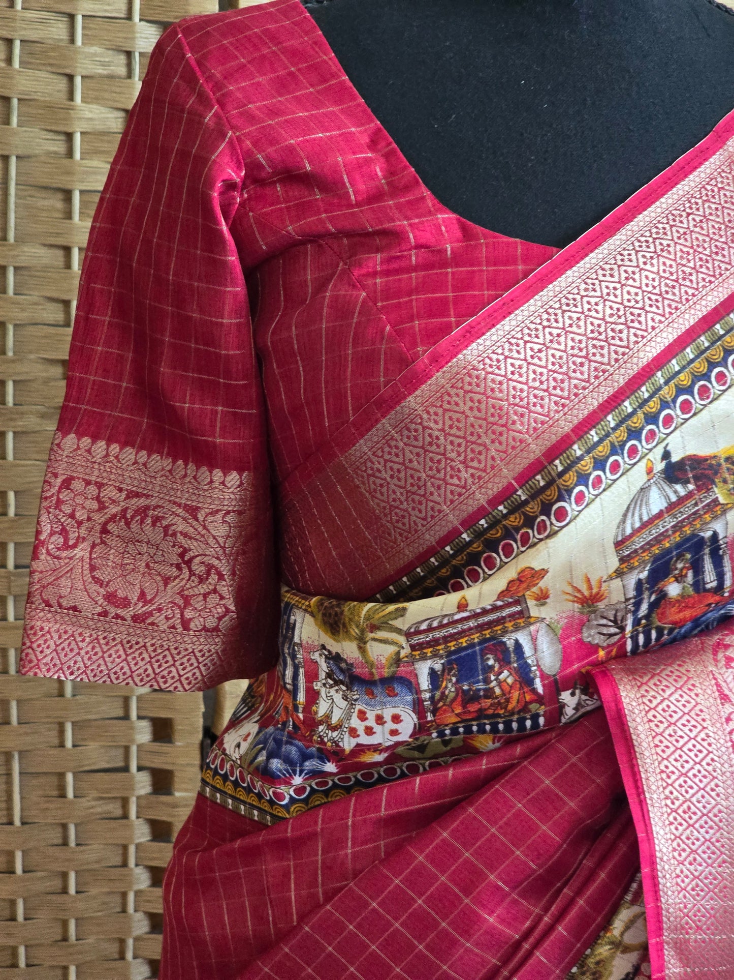 Assam silk(maroon) saree with kalamkari printed design- stitched blouse