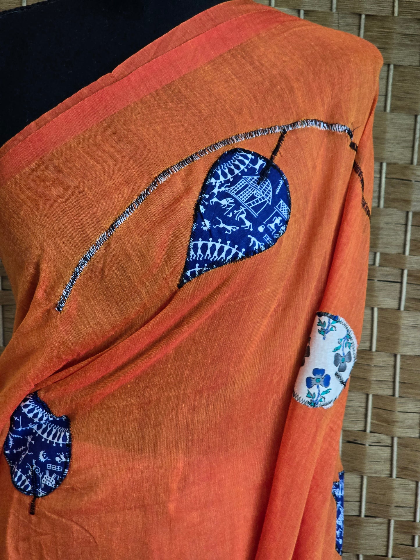 Orange Mul cotton saree with multi color patch design - No BP ( saree fall and pico done)
