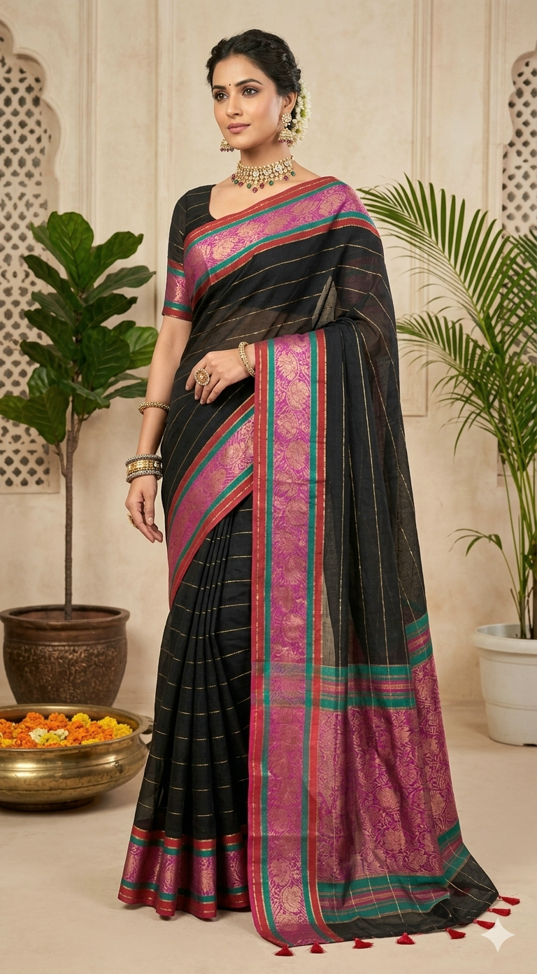 Black Mul cotton saree with kanchee border - No BP ( saree fall and pico done)