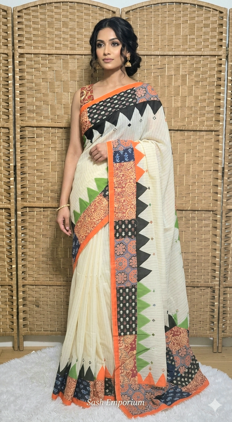 Cotton saree with multi color patch border-with Bp