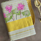 Gold tissue check set saree with lotus print