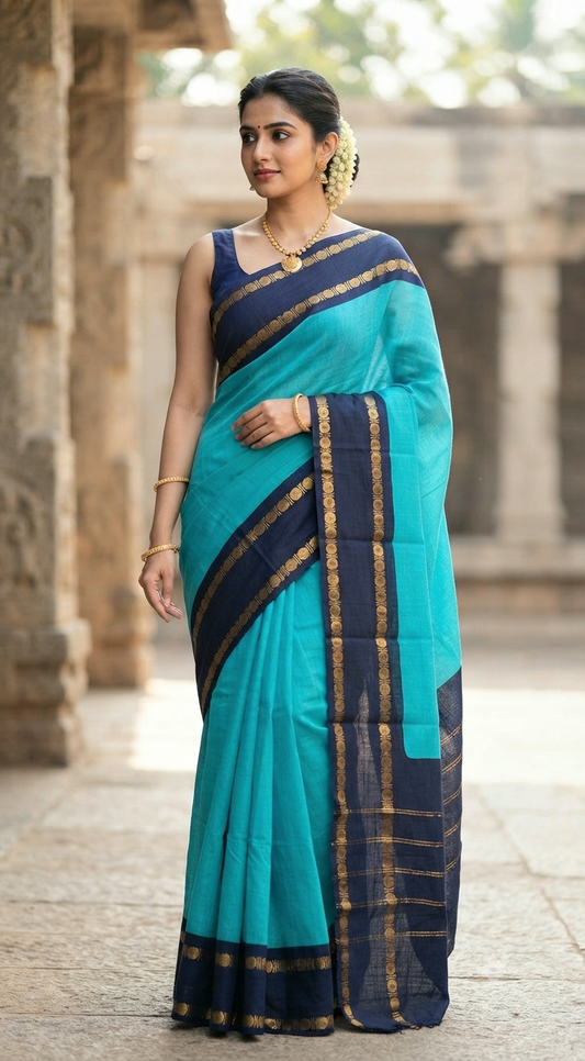 Chettinad cotton saree with stitched blouse( contrast)