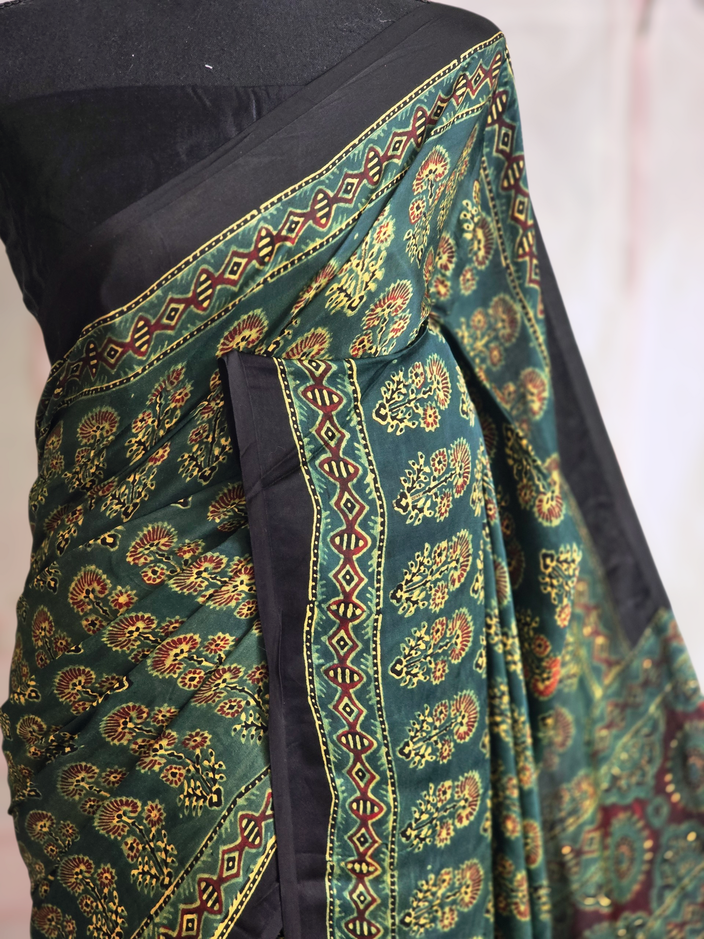 Modal silk saree with handblock print - stitched blouse