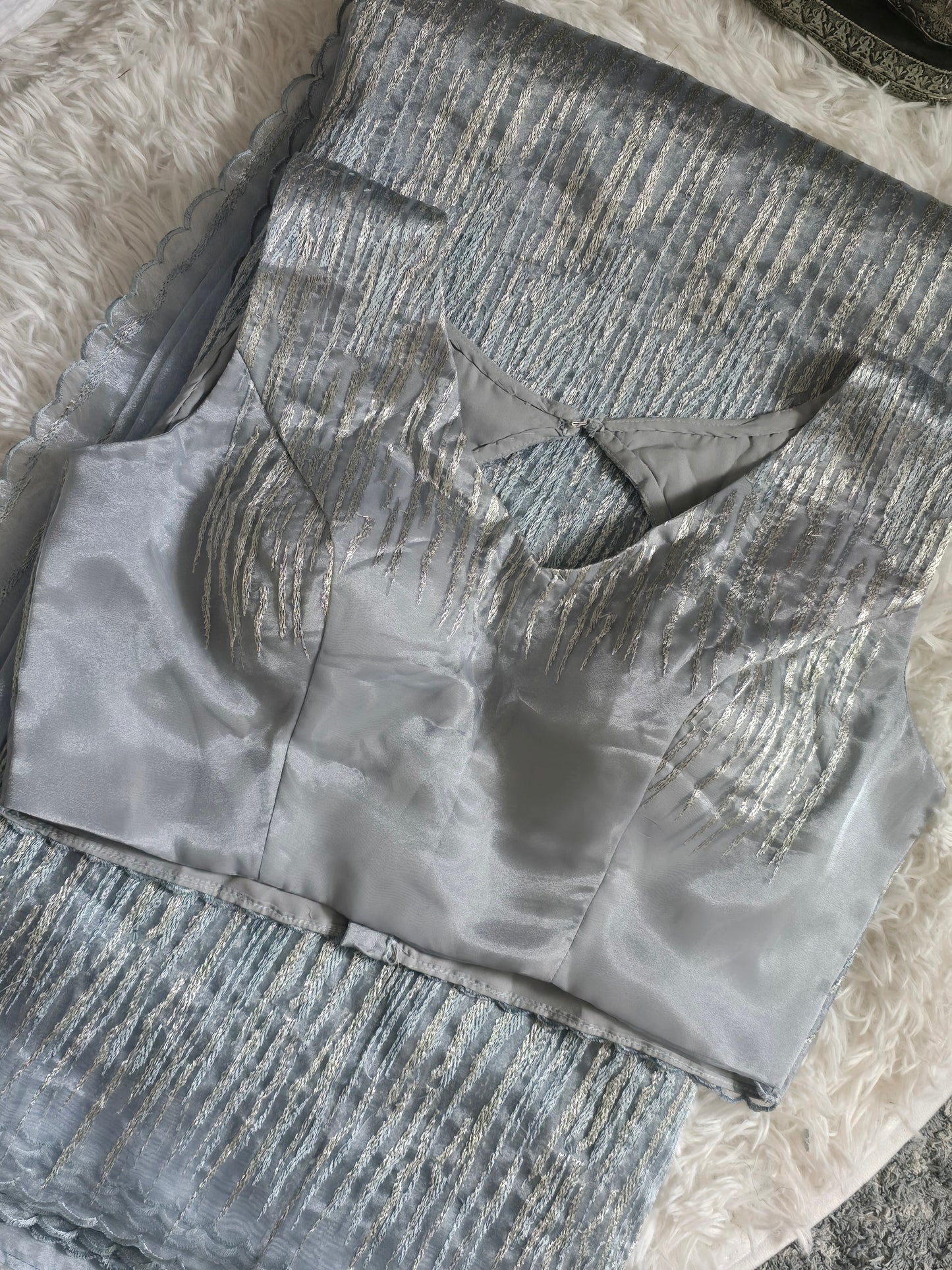 Pure organza designer saree with stitched blouse (Greyish blue  tone)