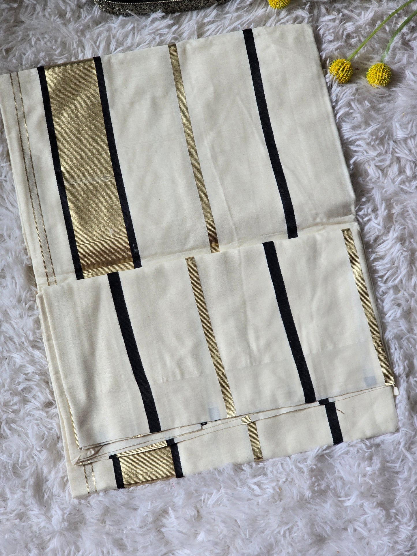 Soft cotton onam saree with black/ gold stripes