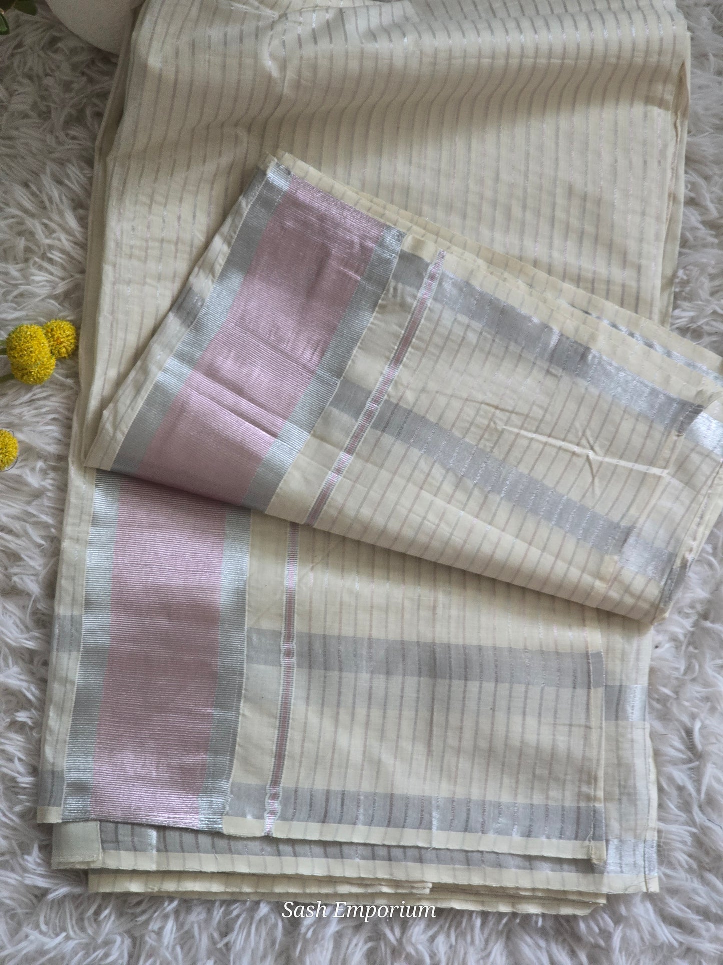 Cotton set saree with rosegold/silver stripes