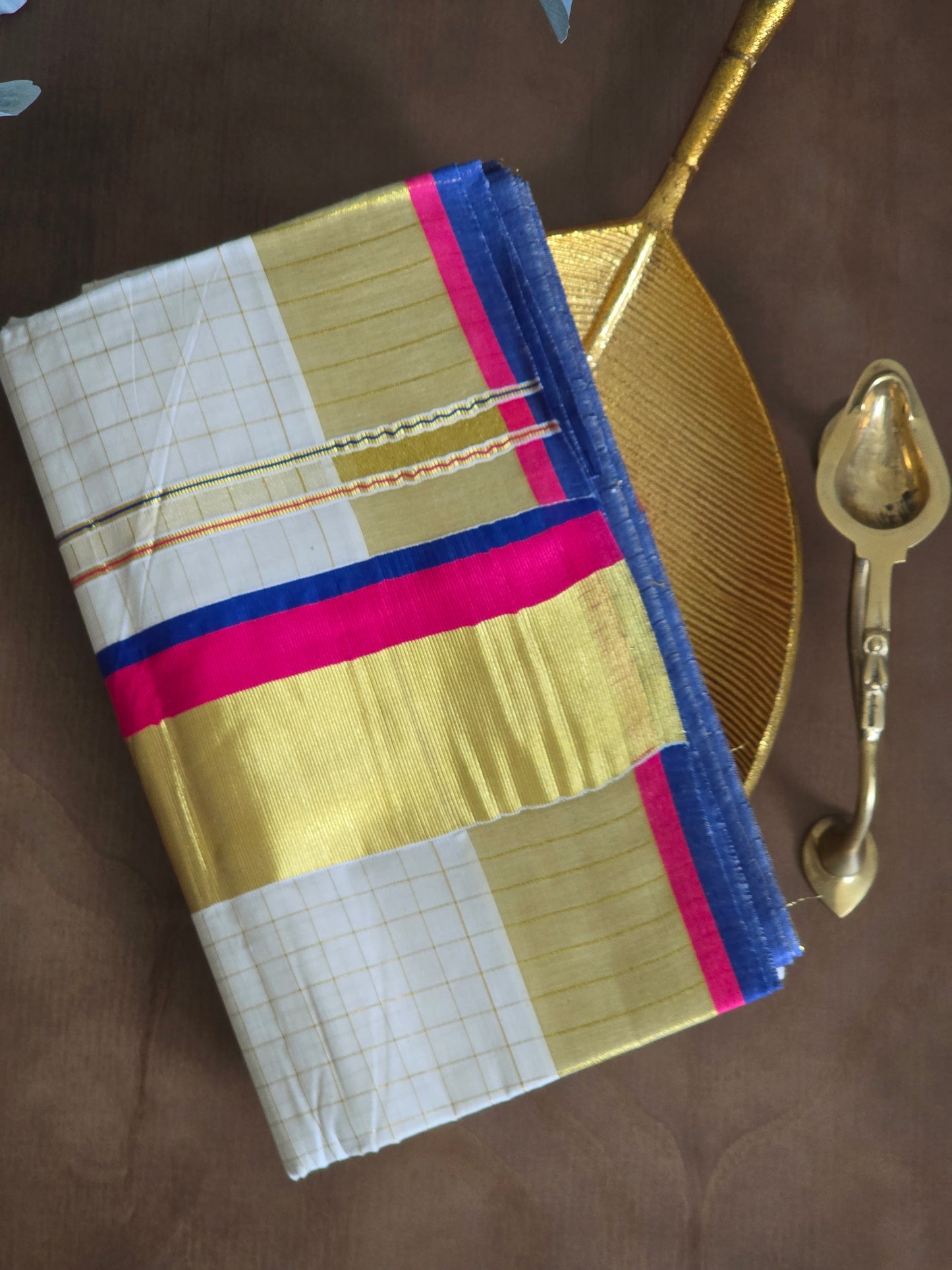 Cotton check body set saree with pink blue combo- BP