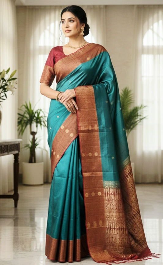 Soft silk kancheepuram(Blue/maroon)saree with stitched blouse/falln pico