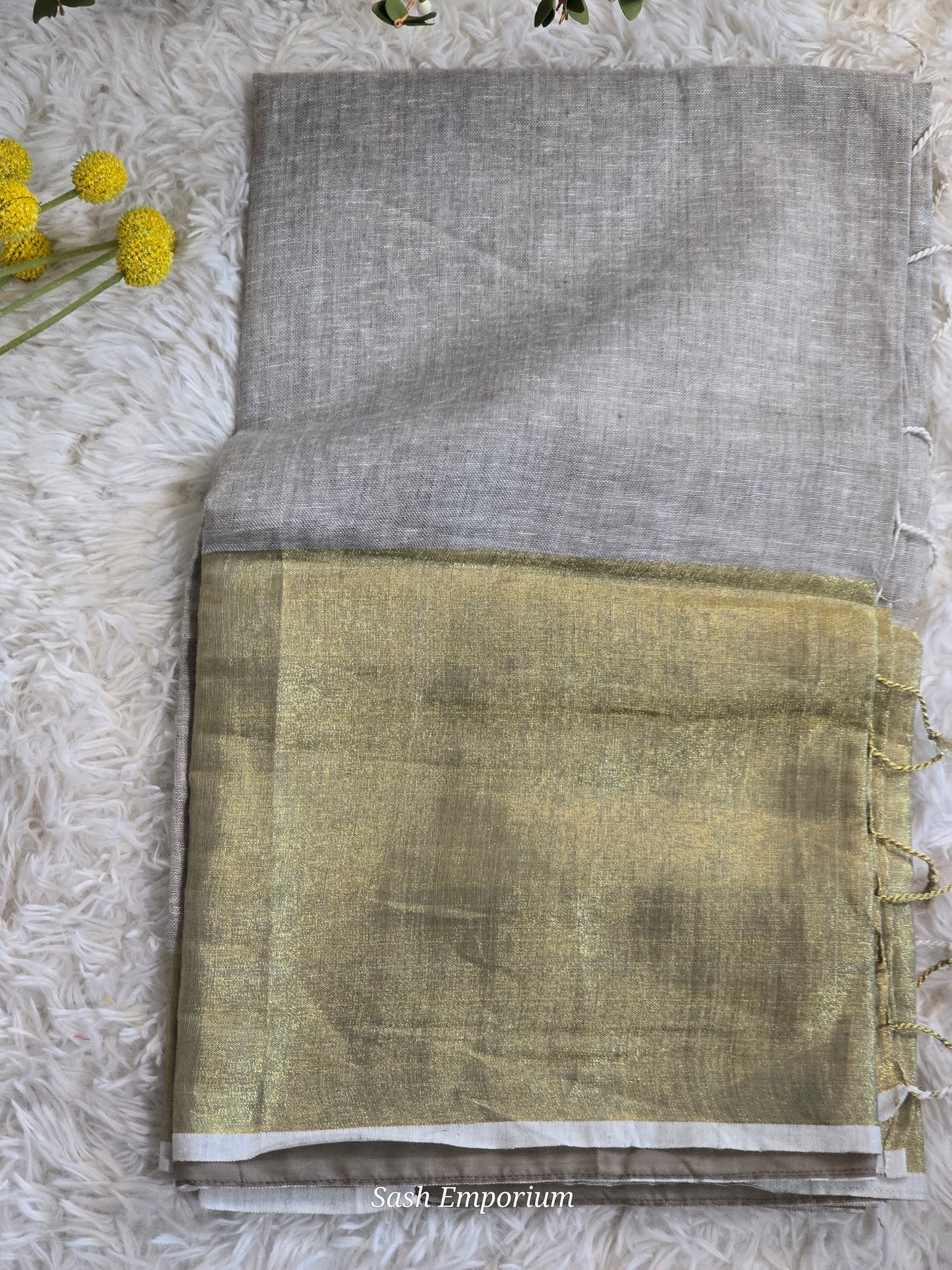 Linen cotton saree ( grey) with gold border-stitched blouse
