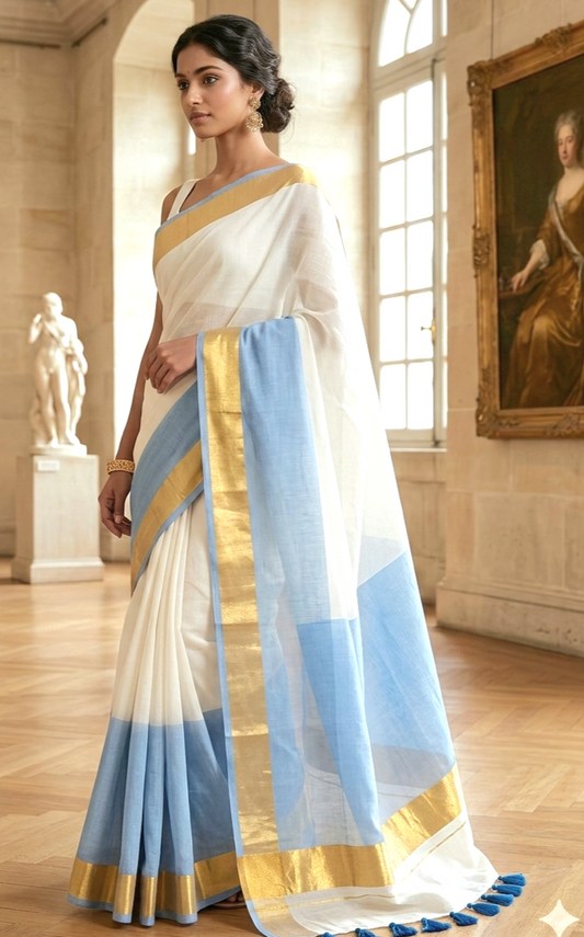Mul cotton kerala saree with duel shade ( tassles)- No BP