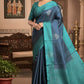 Kancheepuram soft silk with bluish grey and blue combo- Stitched blouse