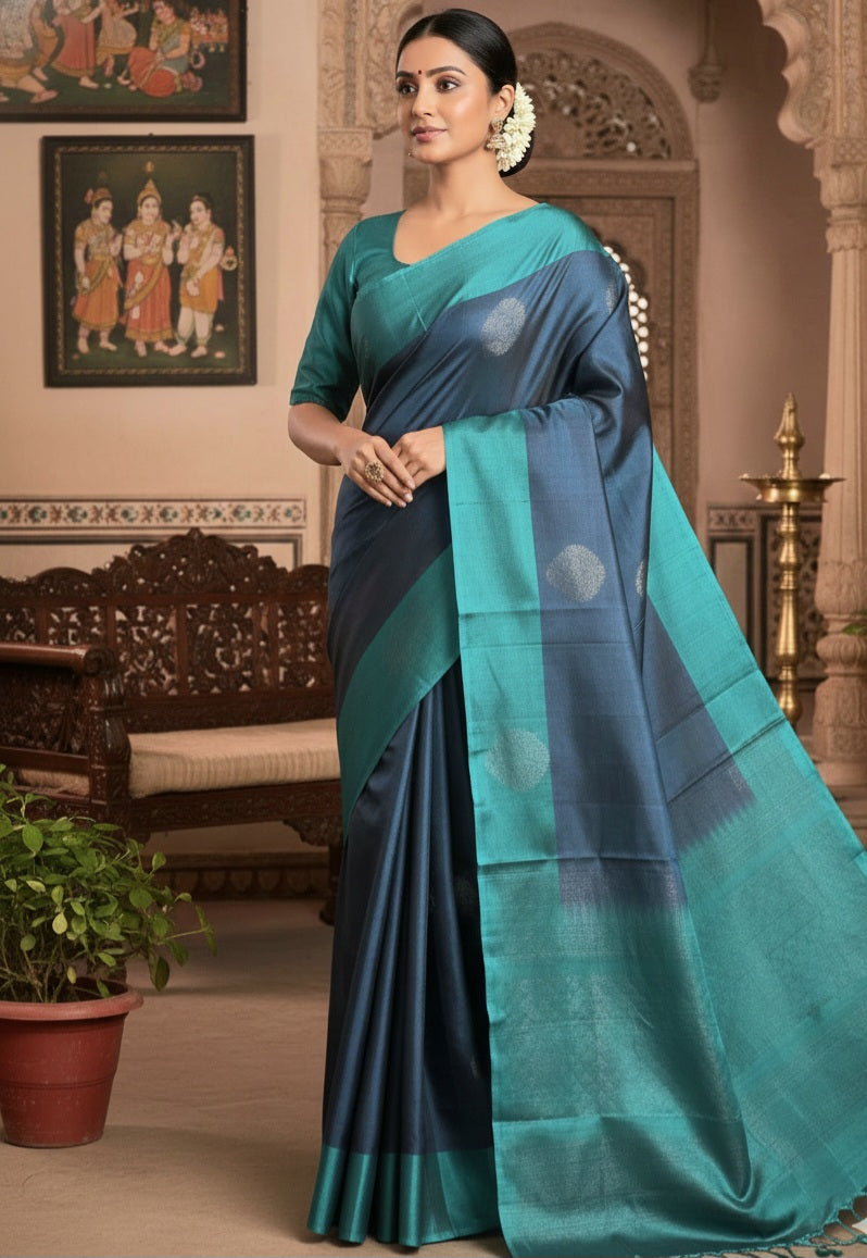 Kancheepuram soft silk with bluish grey and blue combo- Stitched blouse
