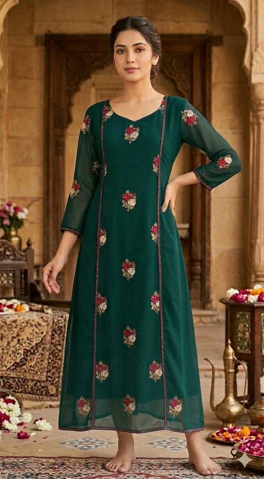 Faux georgette A-line top(bottle green)with floral work-kurti