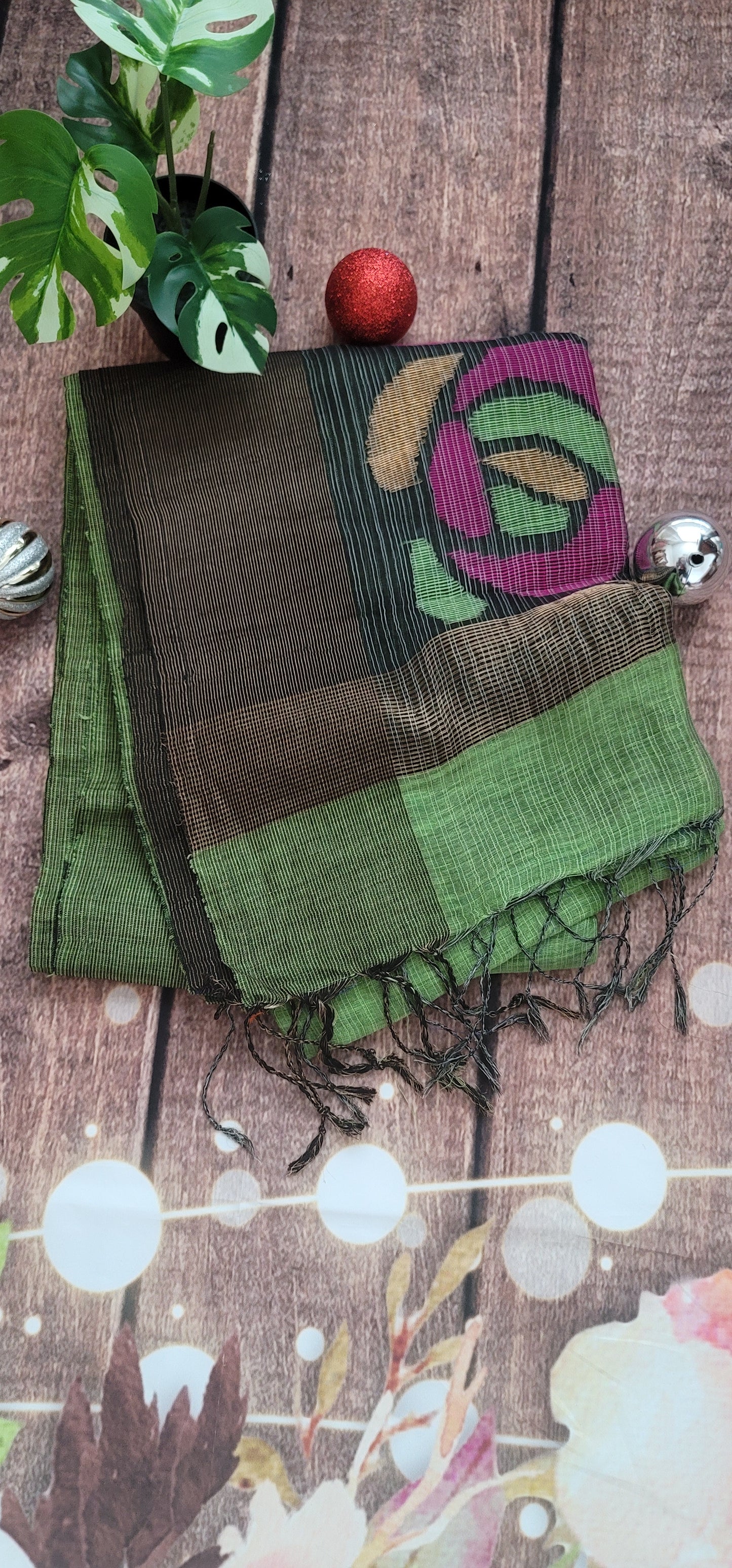 Green linen saree with multi color pallu design