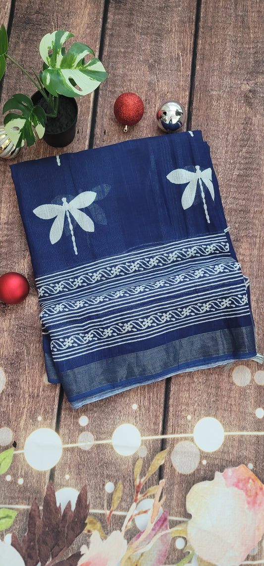 Chanderi cotton indigo block print saree