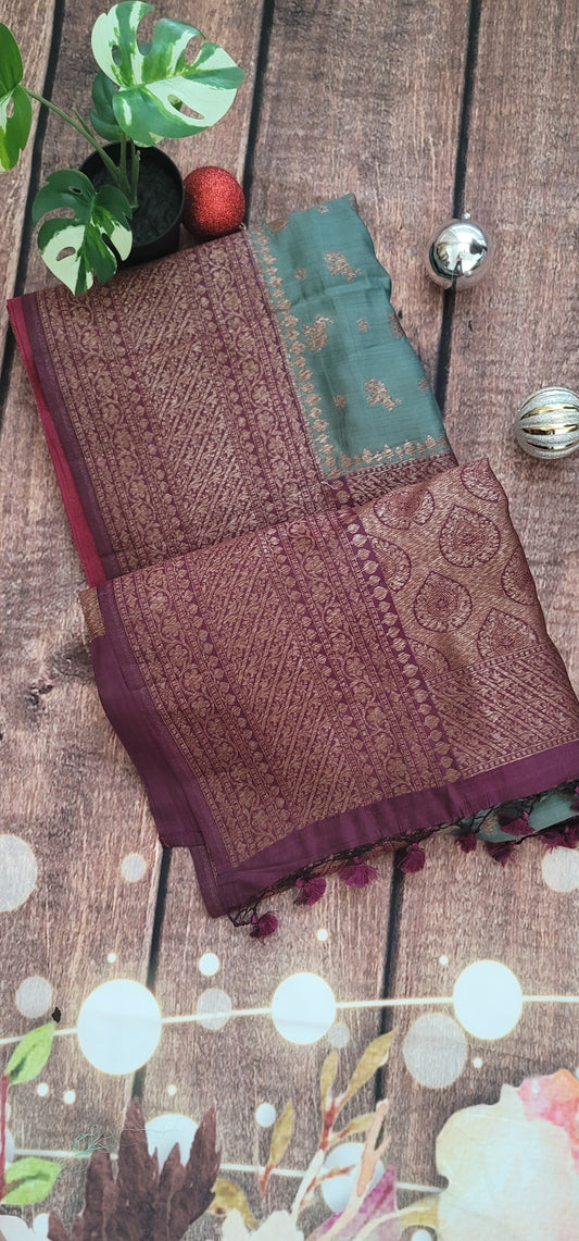 Greyish blue pure silk banarasi saree with burgandy border