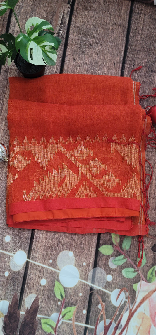 Orange organic linen saree