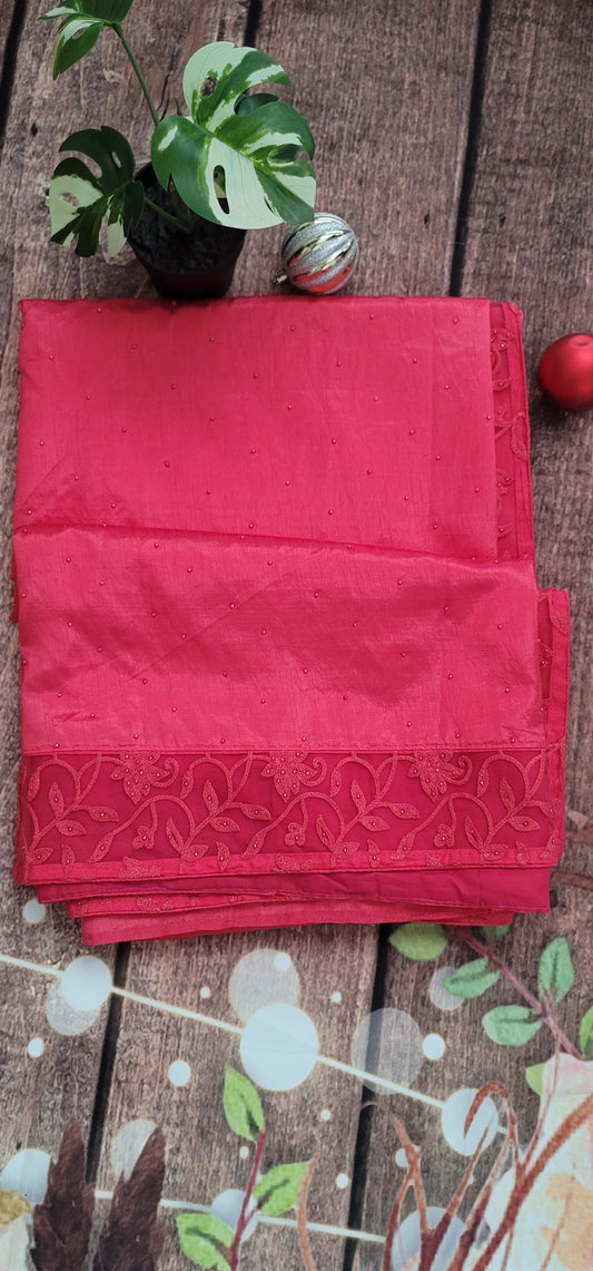 Semi silk peach saree with border net embroidary